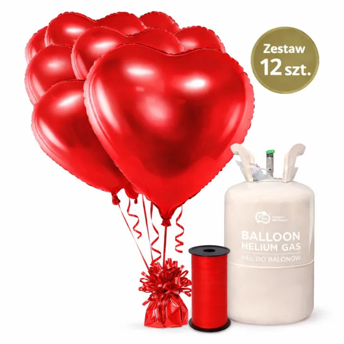 Zestaw 12 balonów walentynkowych czerwonych serc + hel + wstążka + ciężarek