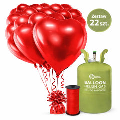 Zestaw 22 czerwonych balonów walentynkowych serc + hel + wstążka+ ciężarek
