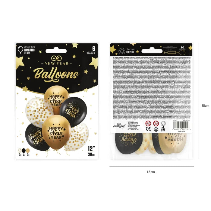 Zestaw balonów Happy New Year – czarno-złote 30 cm 6 szt. - Balloons