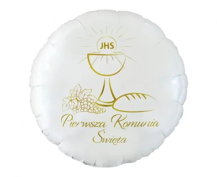 Balon Foliowy „Pierwsza Komunia Święta” 18” (46 cm) – Biało-Złoty