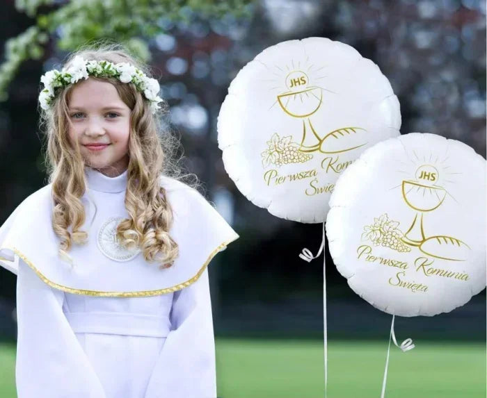 Balon Foliowy „Pierwsza Komunia Święta” 18” (46 cm) – Biało-Złoty