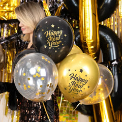 Zestaw biodegradowalnych balonów Happy New Year – czarno-złote 30 cm 8 szt. - Balloons