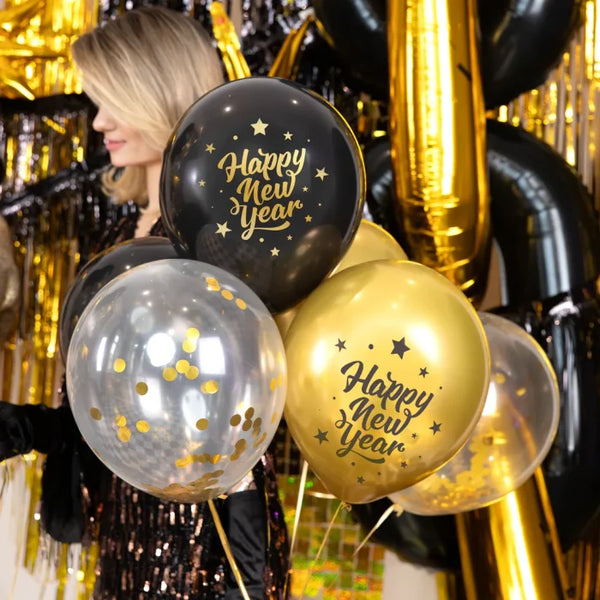 Zestaw biodegradowalnych balonów Happy New Year – czarno-złote 30 cm 8 szt. - Balloons