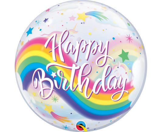 Balon foliowy 22 cali QL Bubble, Birthday Rainbow Unicorns