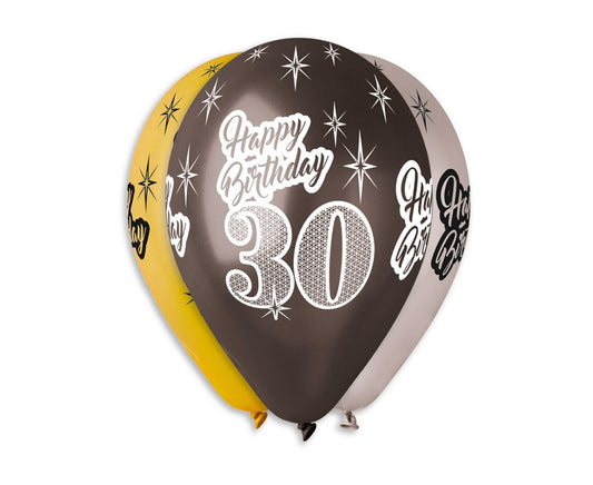 Balony liczba 30 Urodziny, Happy Birthday, 6 szt., 12cali