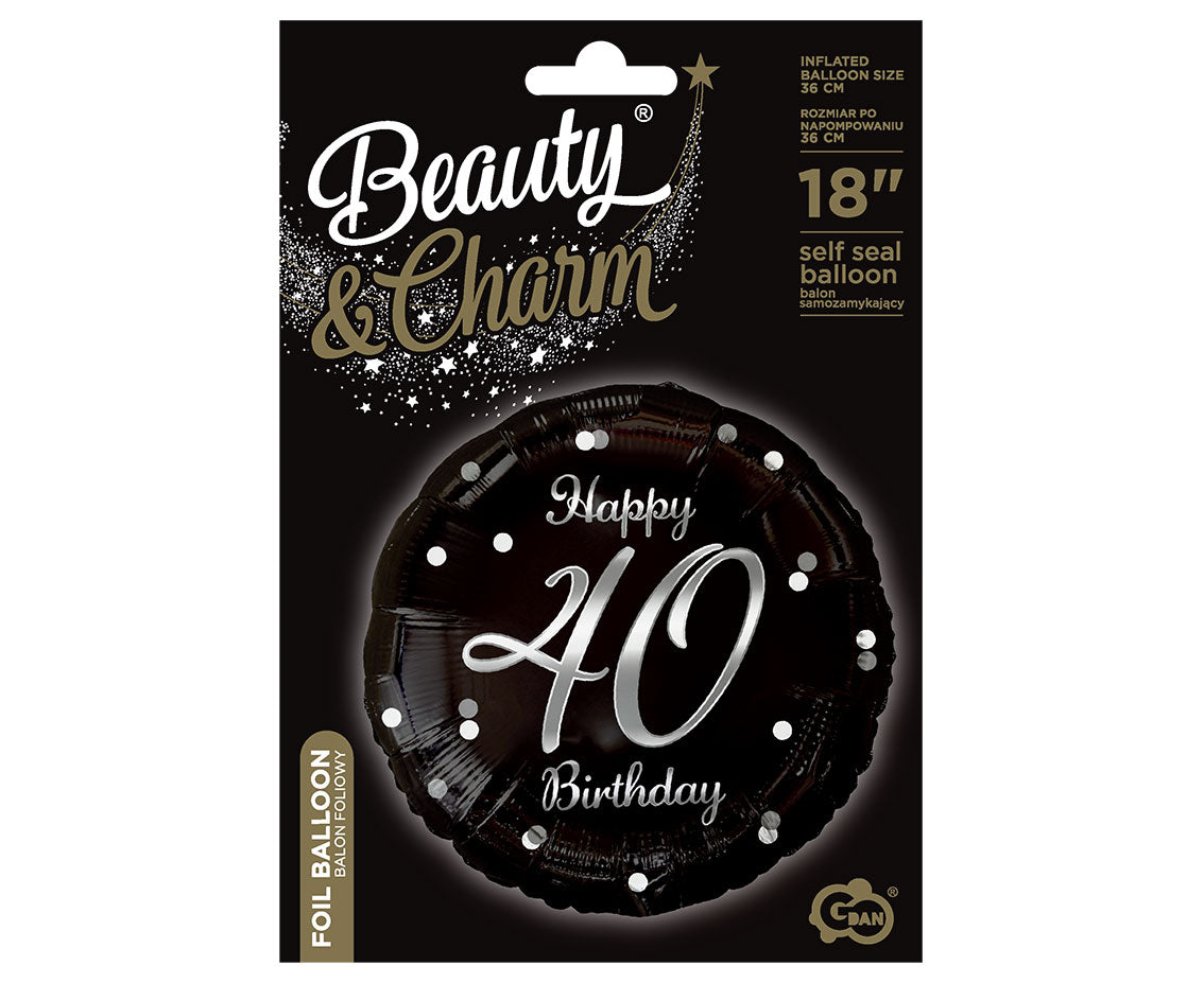 Balon foliowy Liczba 40, Happy 40 Birthday, czarny, nadruk srebrny, 45 cm