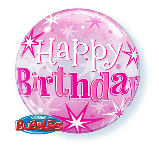 Balon foliowy 22" QL Bubble, Happy Birthday gwiazdki różowy