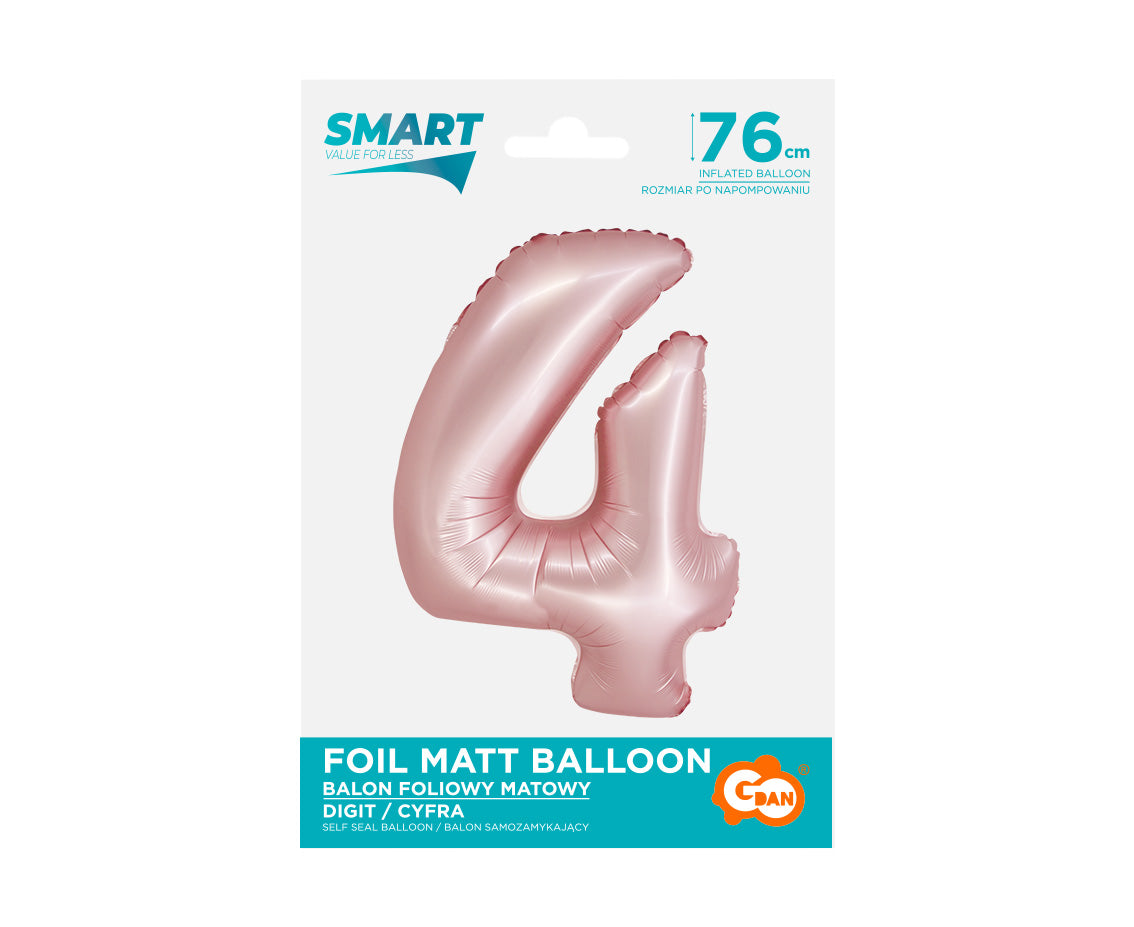 Balon foliowy Cyfra 4, j. różowa matowa, Smart, 76 cm