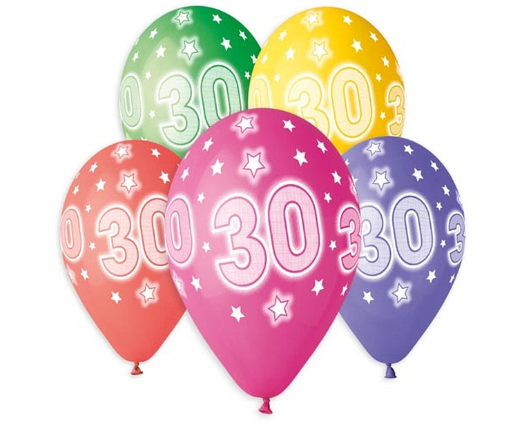 Balony liczba 30 Urodziny, kolorowe, 13 cali/ 5 szt.