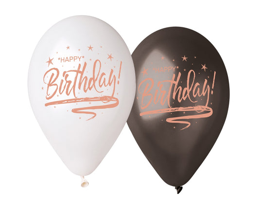Balony na urodziny Happy Birthday, białe i czarne, 33 cm, 5 szt.