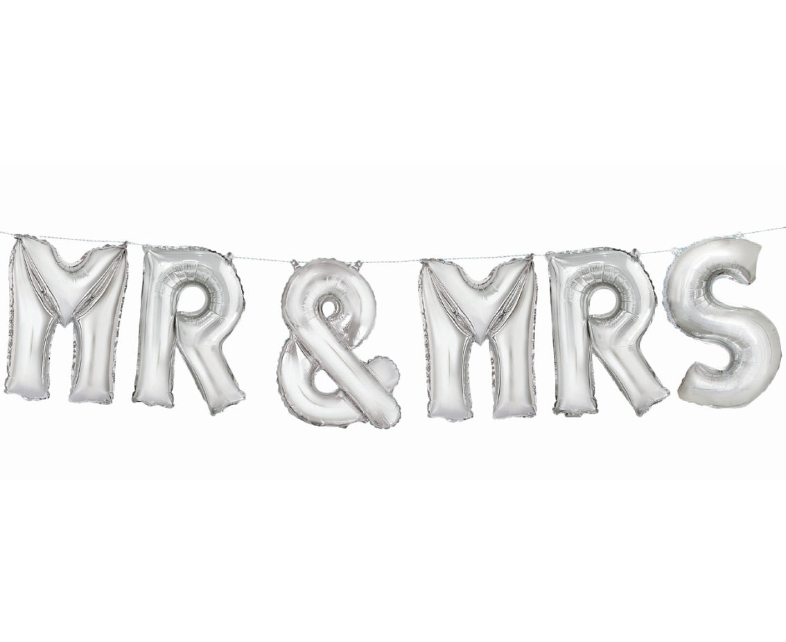 Banner Mr & Mrs, balony litery, wysokość 35,5 cm, srebrny