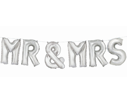 Banner Mr & Mrs, balony litery, wysokość 35,5 cm, srebrny