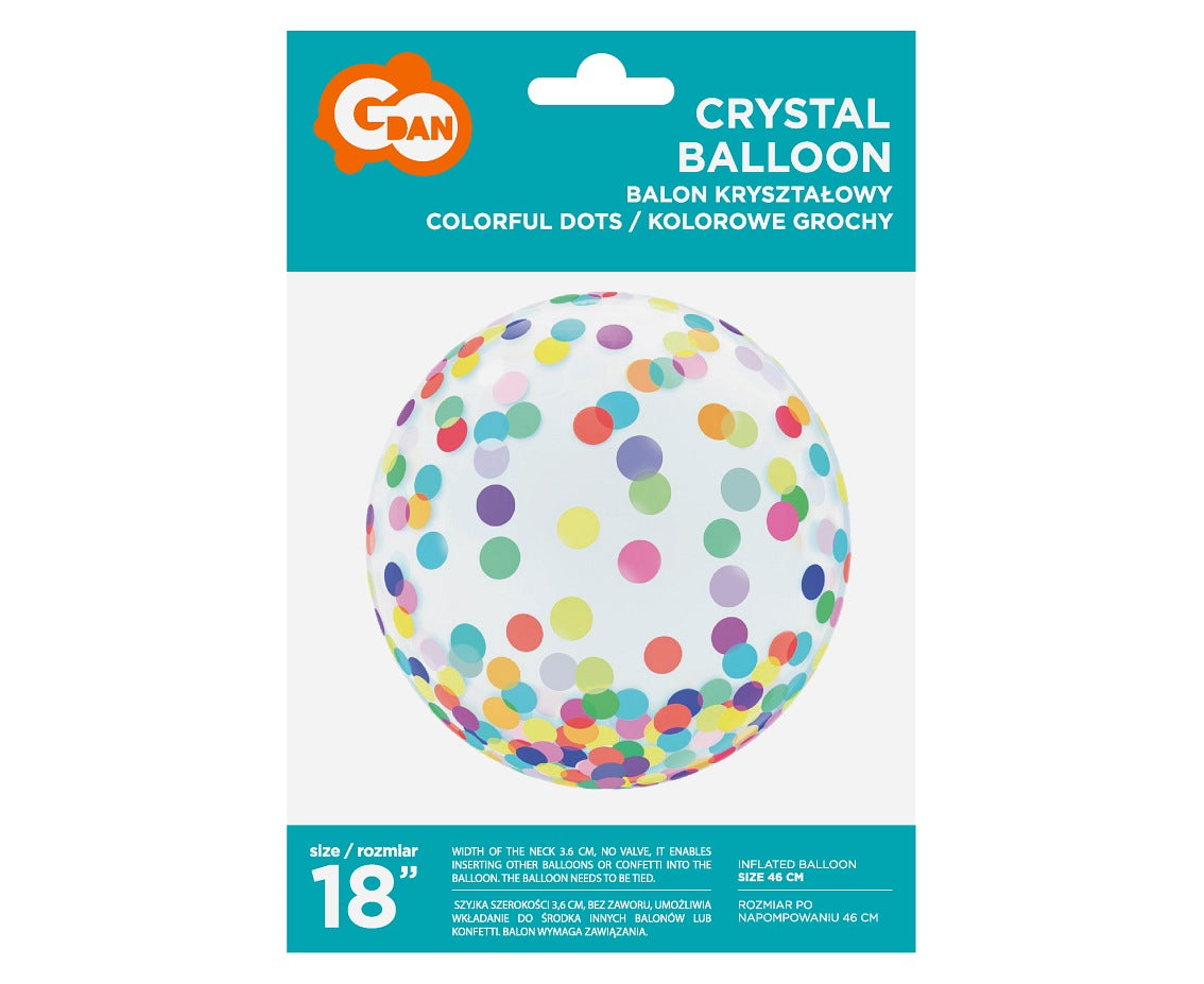 Balon Aqua - kryształowy, kolorowe grochy, 18 cali