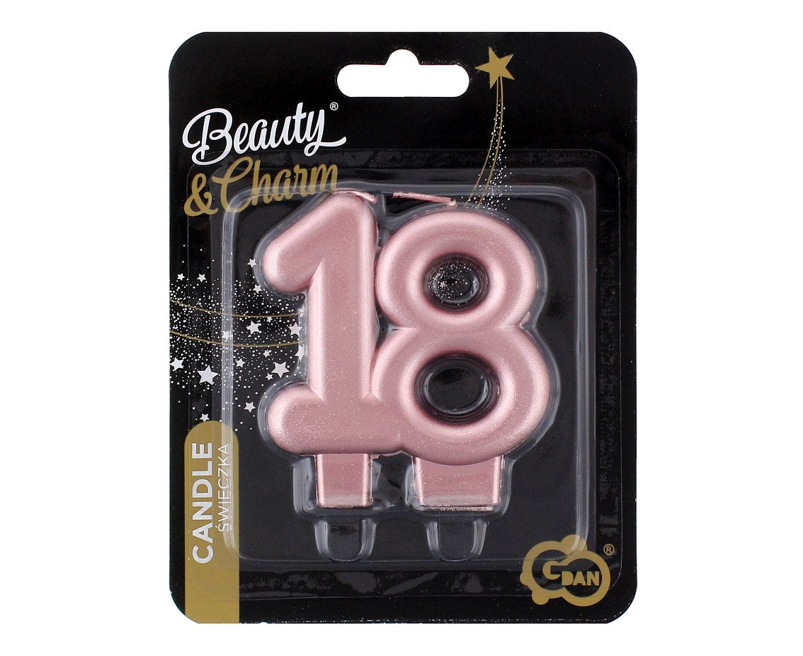 Świeczka liczba 18 urodziny, metalik różowo-złota, 8 cm
