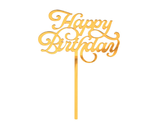Dekoracja akrylowa na tort Happy Birthday, złota, 11x15 cm