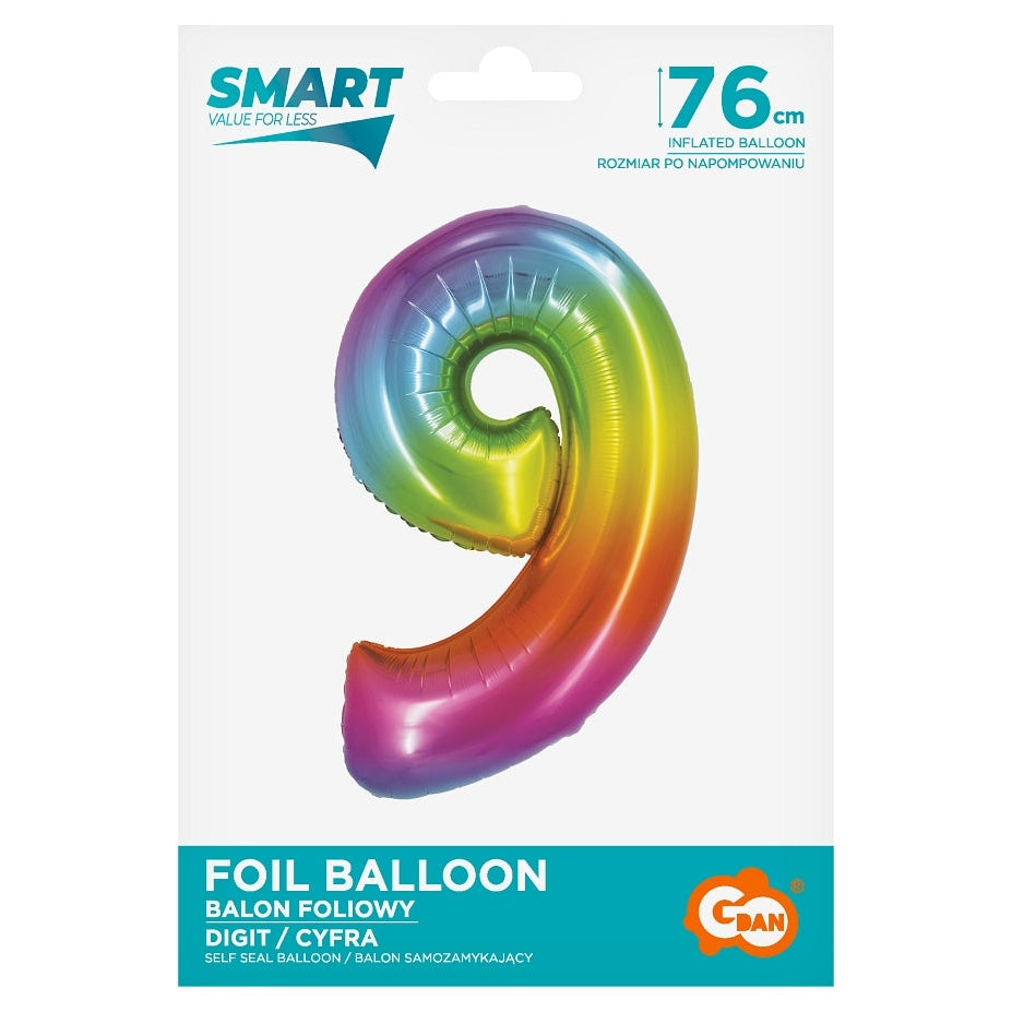 Balon foliowy Cyfra 9, tęczowa, SMART, 76 cm