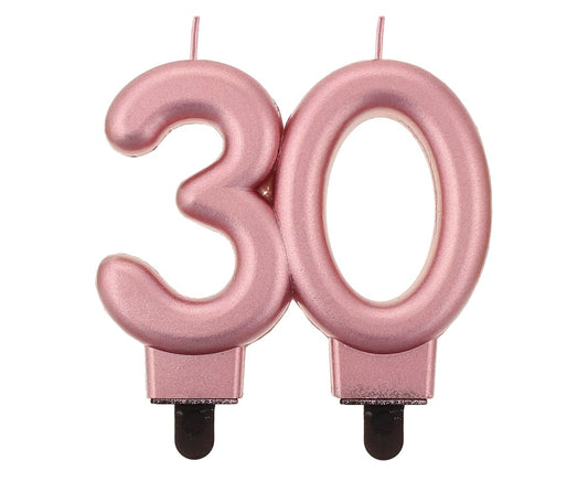 Świeczka liczba 30 urodziny, B&C, metalik różowo-złota, 8 cm