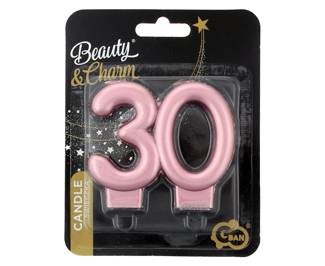 Świeczka liczba 30 urodziny, B&C, metalik różowo-złota, 8 cm