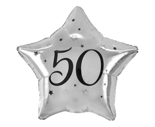 Balon foliowy Liczba 50 gwiazda srebrna, nadruk czarny, 19 cali