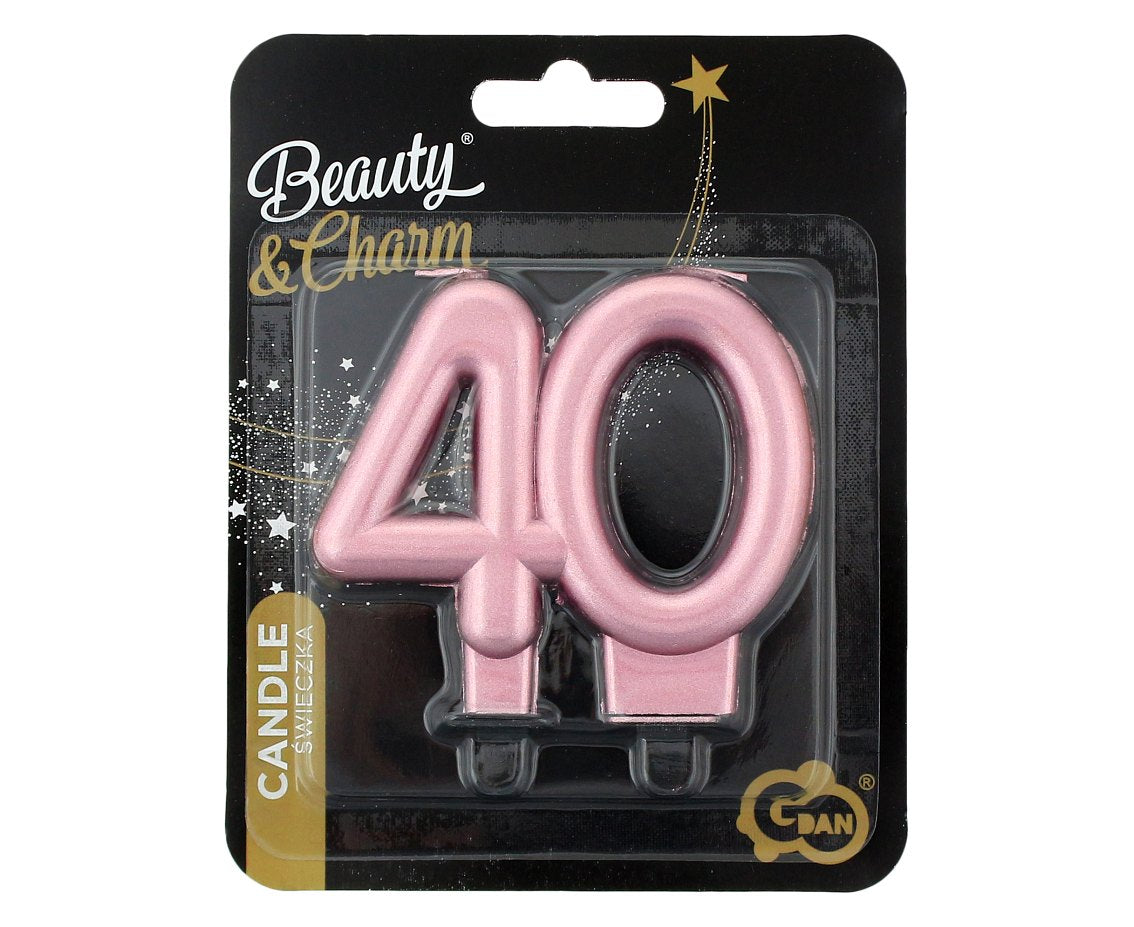 Świeczka liczba 40 urodziny, B&C, metalik różowo-złota, 8 cm