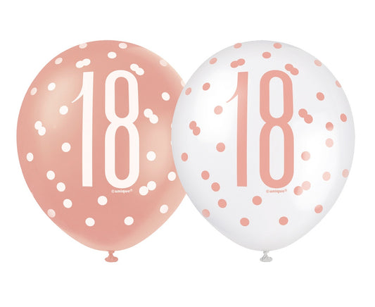 Balony liczba 18 Urodziny, Glitz różowo-złoty miks, UQ 12 cali, 6 szt.