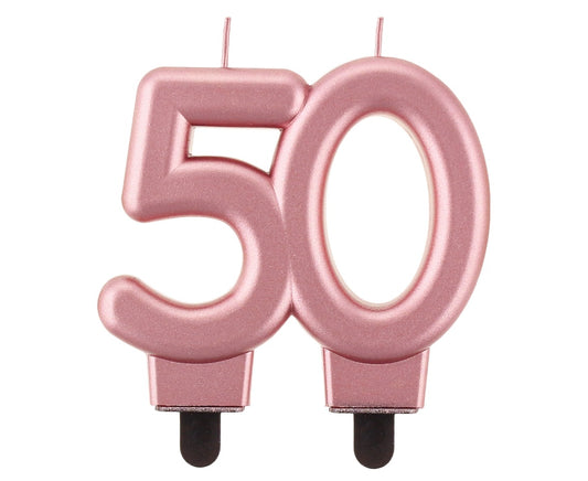 Świeczka liczba 50 urodziny, B&C, metalik różowo-złota, 8 cm