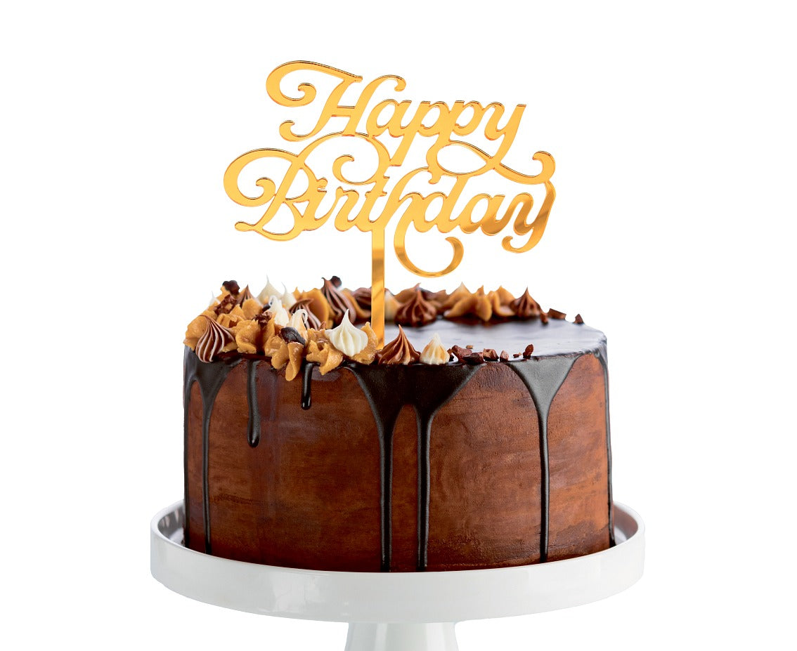 Dekoracja akrylowa na tort Happy Birthday, złota, 11x15 cm