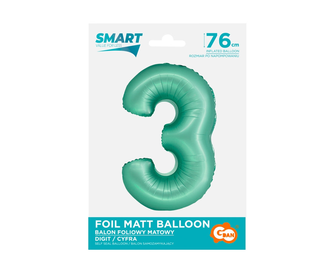 Balon foliowy Cyfra 3, miętowa matowa, Smart, 76 cm