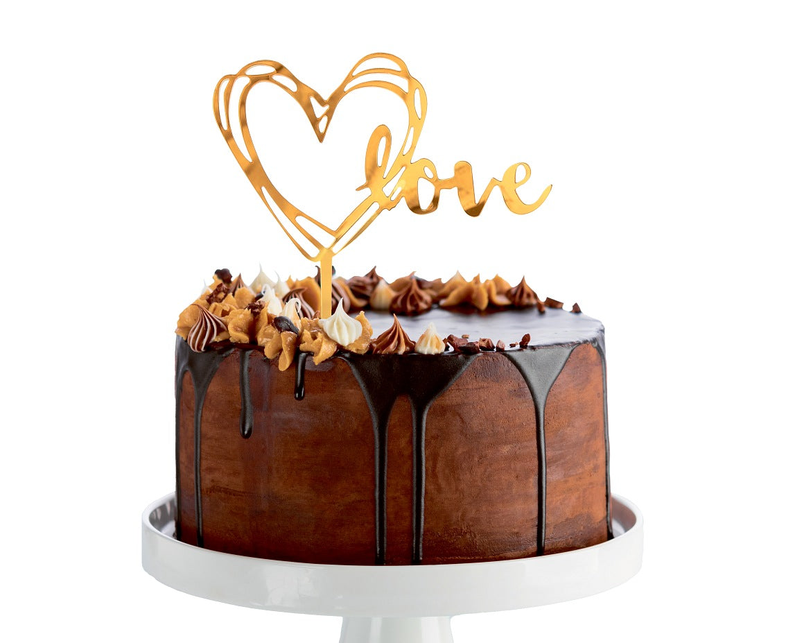 Dekoracja akrylowa na tort Love, złota, 13x10 cm