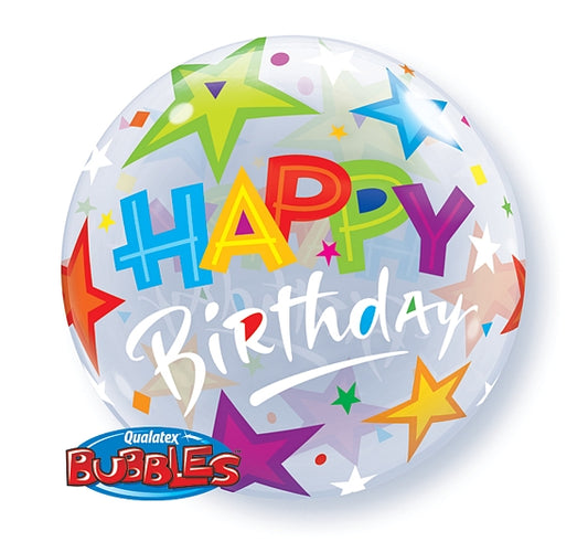 Balon foliowy 22 cali QL Bubble, Happy Birthday (z gwiazdami)