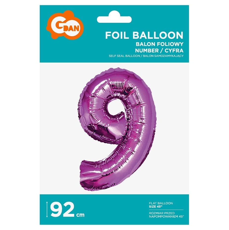 Balon foliowy Cyfra 9, różowa, 92 cm