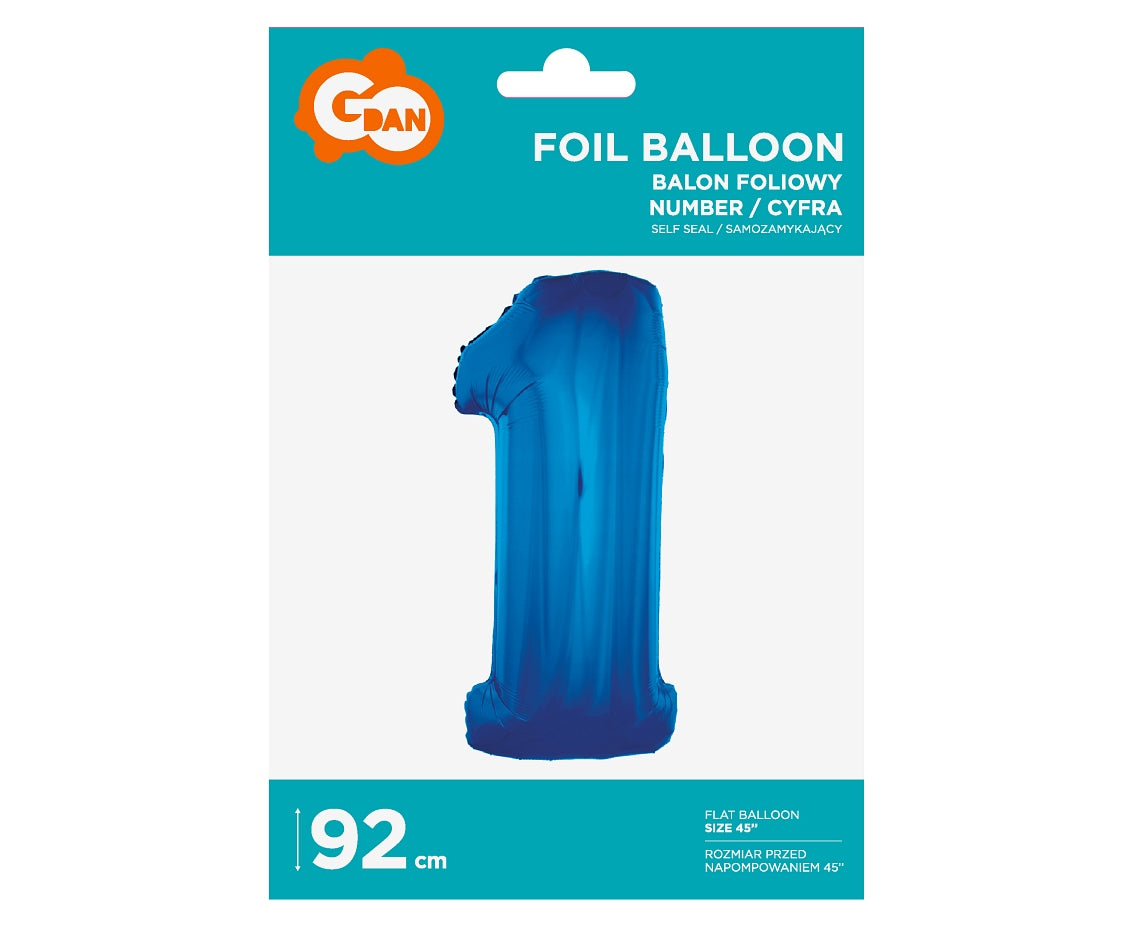 Balon foliowy Cyfra 1, niebieska, 92 cm