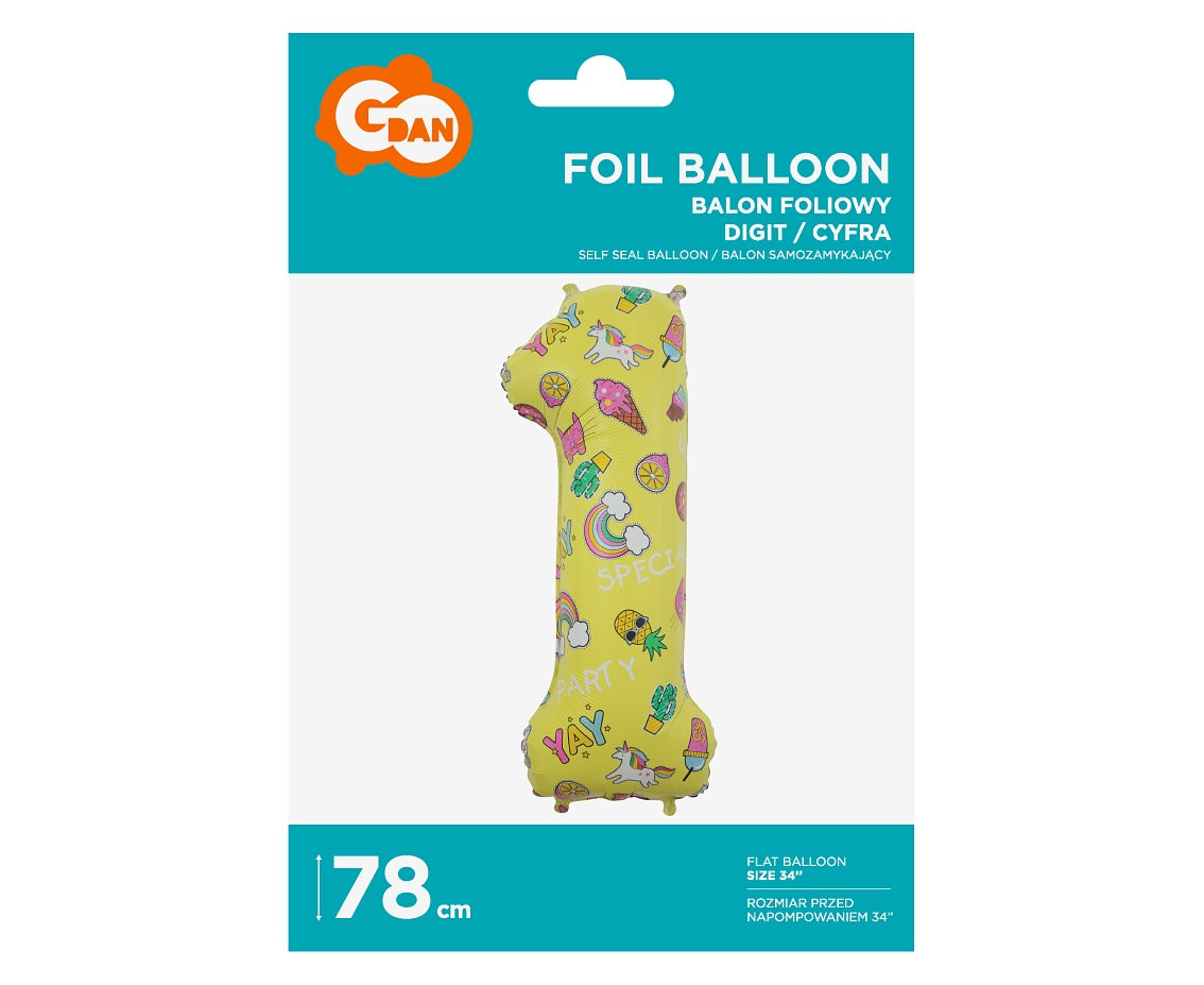 Balon foliowy CYFRA 1, obrazki, 78 cm