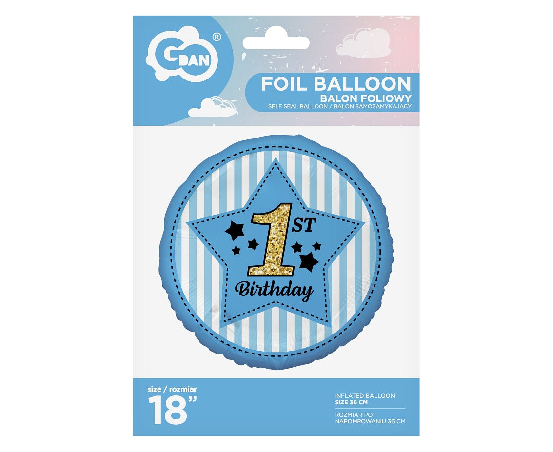 Balon foliowy Cyfra 1, 1st Birthday, niebieski, 18 cali