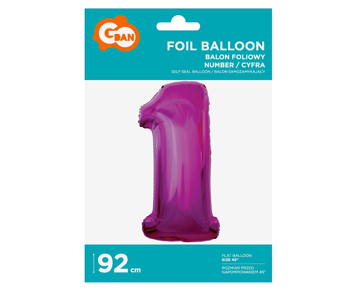 Balon foliowy Cyfra 1, różowa, 92 cm