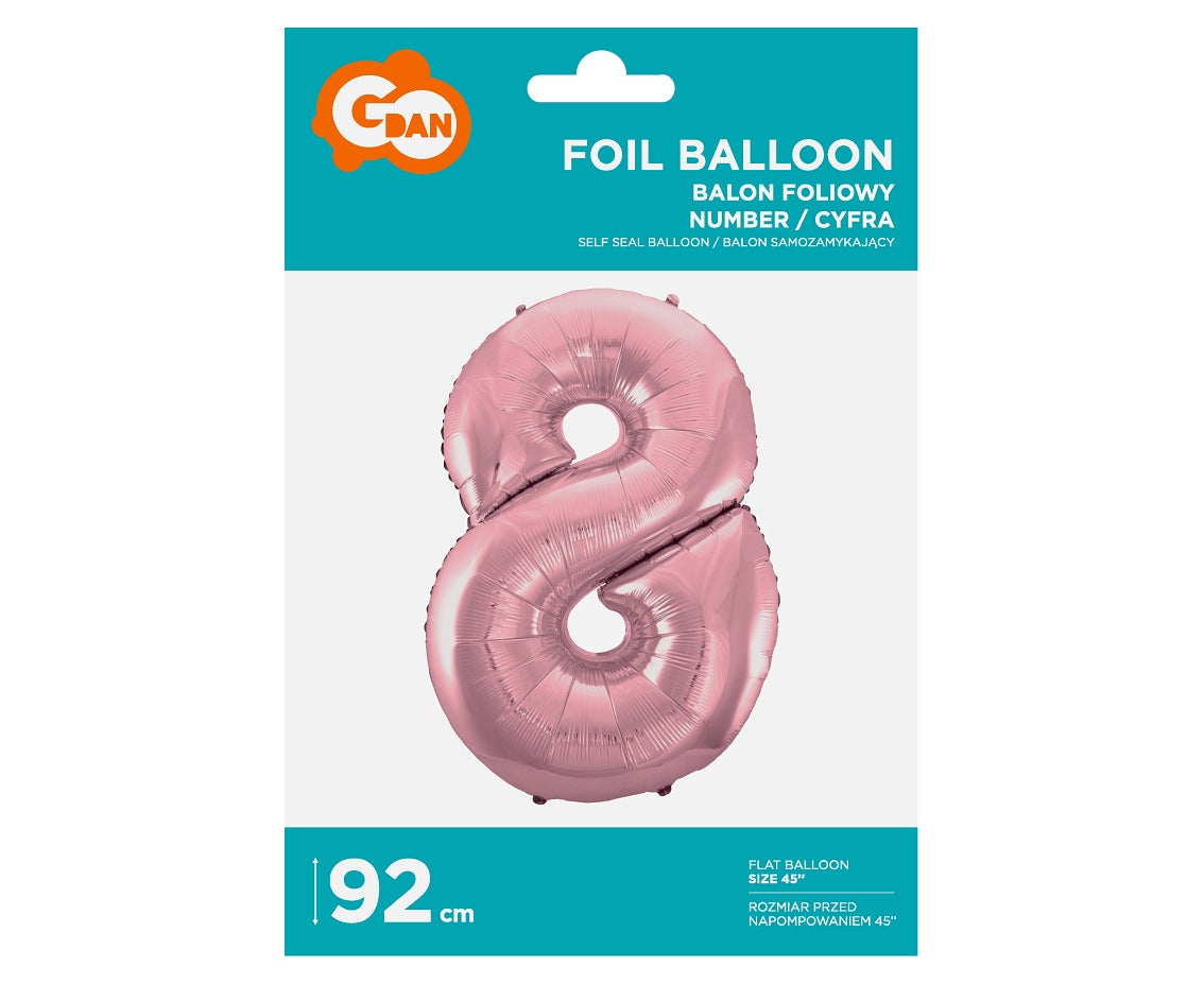 Balon foliowy Cyfra 8, jasnoróżowa, 92 cm