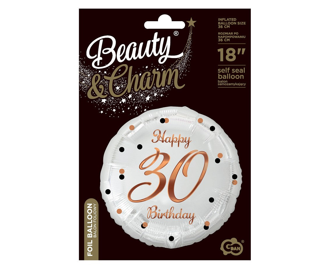 Balon foliowy Liczba 30, B&C Happy 30 Birthday, biały, nadruk różowo-złoty, 18"