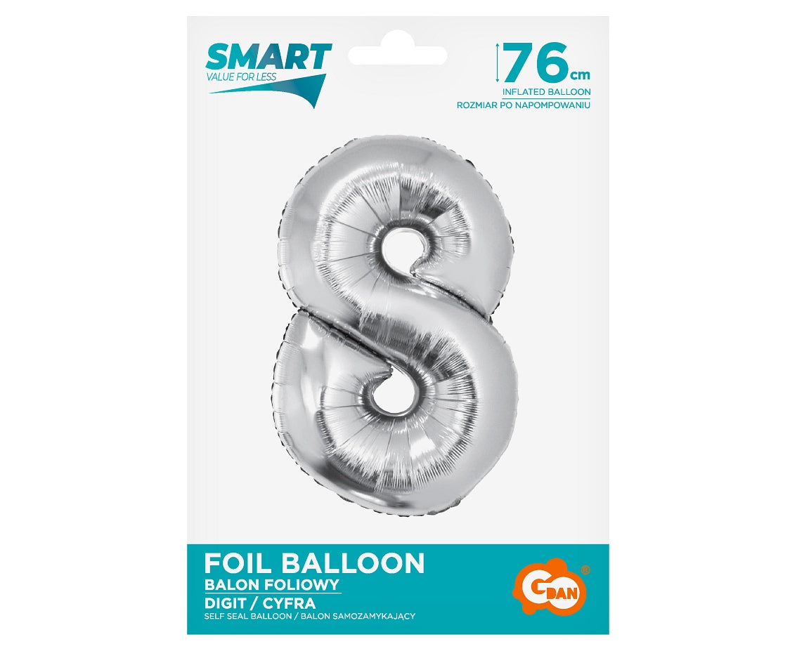 Balon foliowy Cyfra 8, Srebrna, SMART, 76 cm