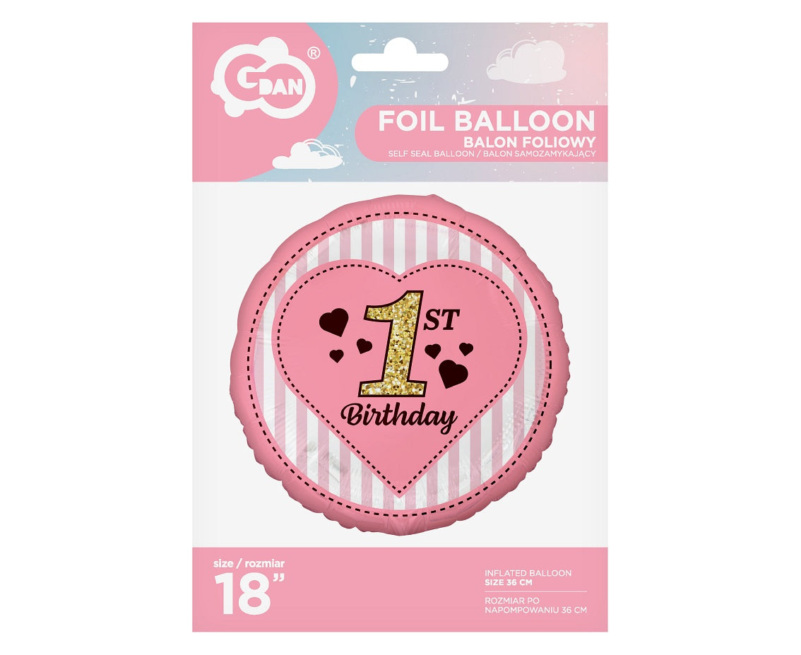 Balon foliowy Cyfra 1, 1st Birthday, różowy, 18"