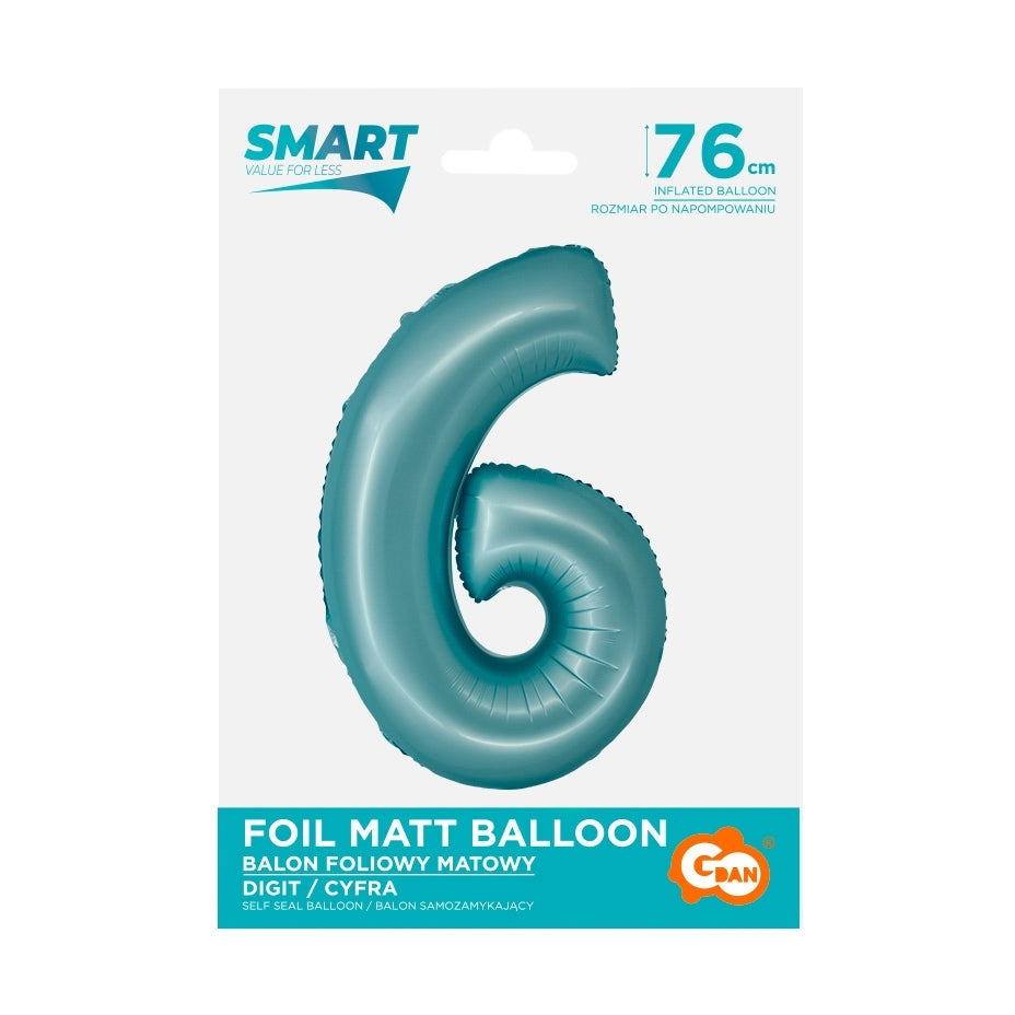 Balon foliowy Cyfra 6, j. niebieska matowa, Smart 76 cm