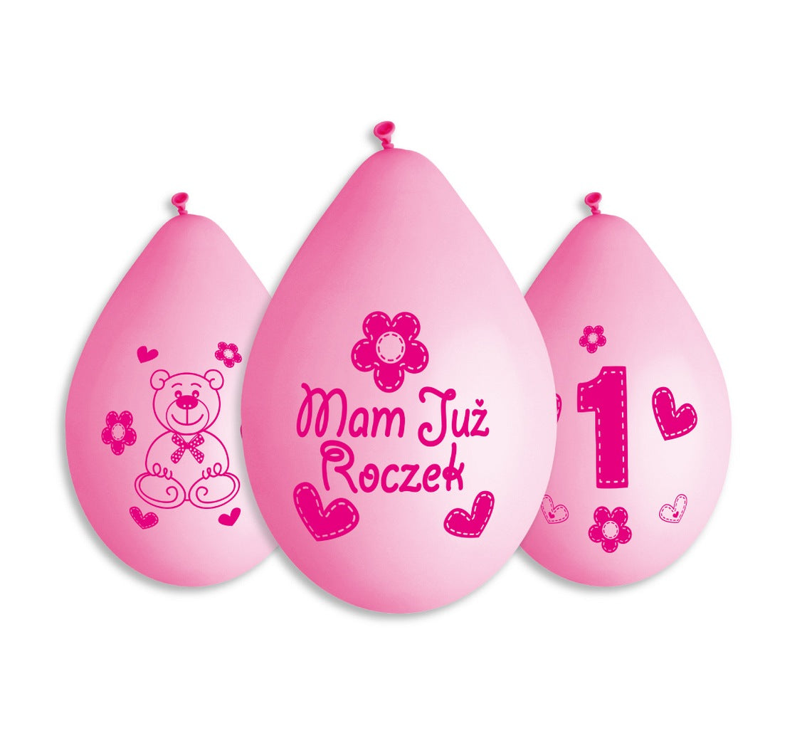 Balony cyfra 1, MOJE 1 URODZINY (różowy), 12cali, 5 szt. (wiszące)