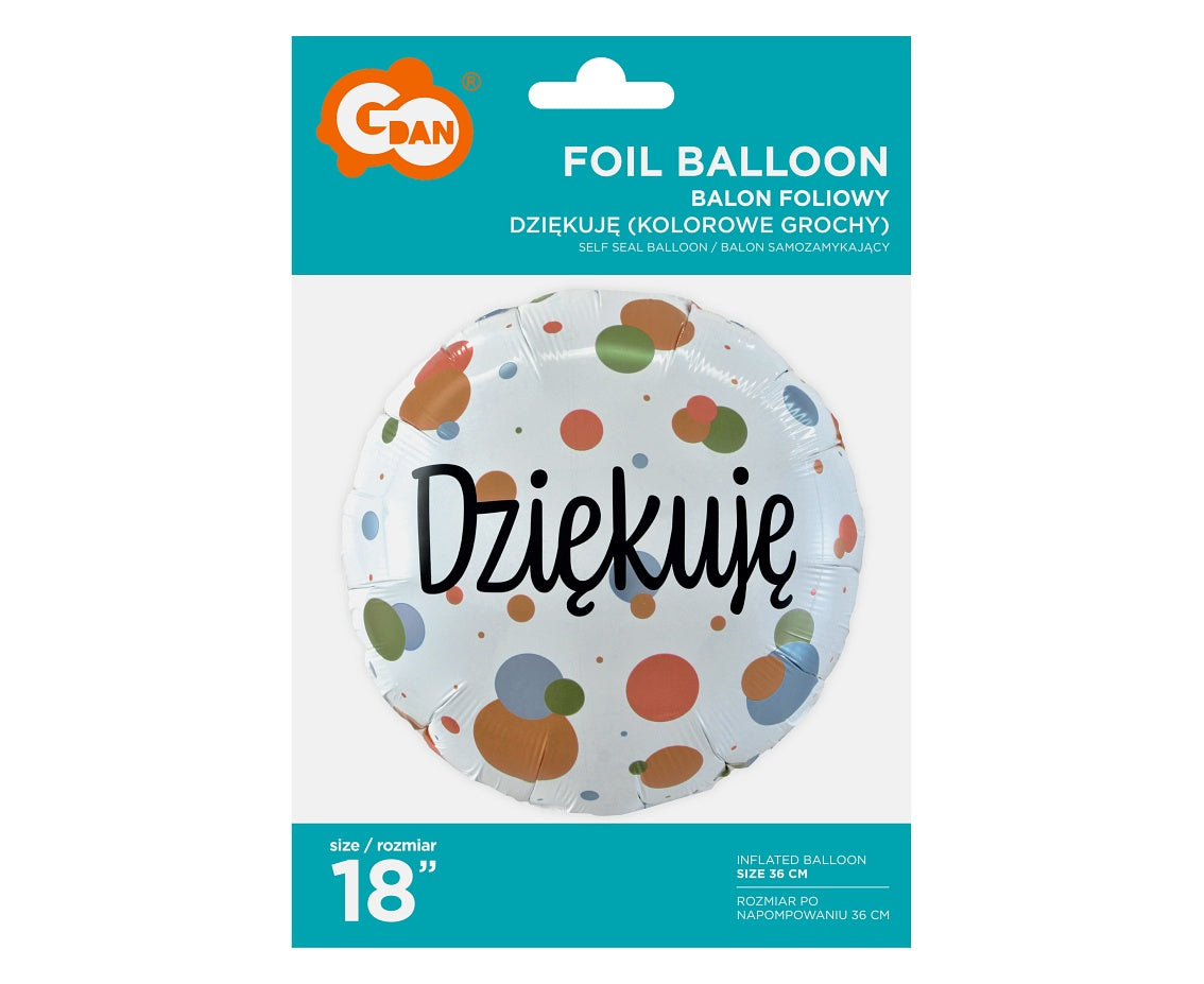 Balon foliowy Dziękuję (kolorowe grochy), 18 cali