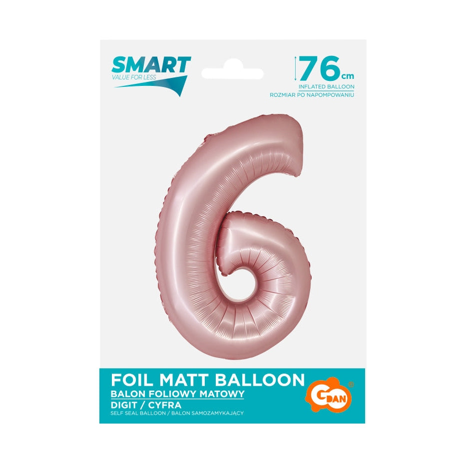 Balon foliowy Cyfra 6, j. różowa matowa, Smart 76 cm