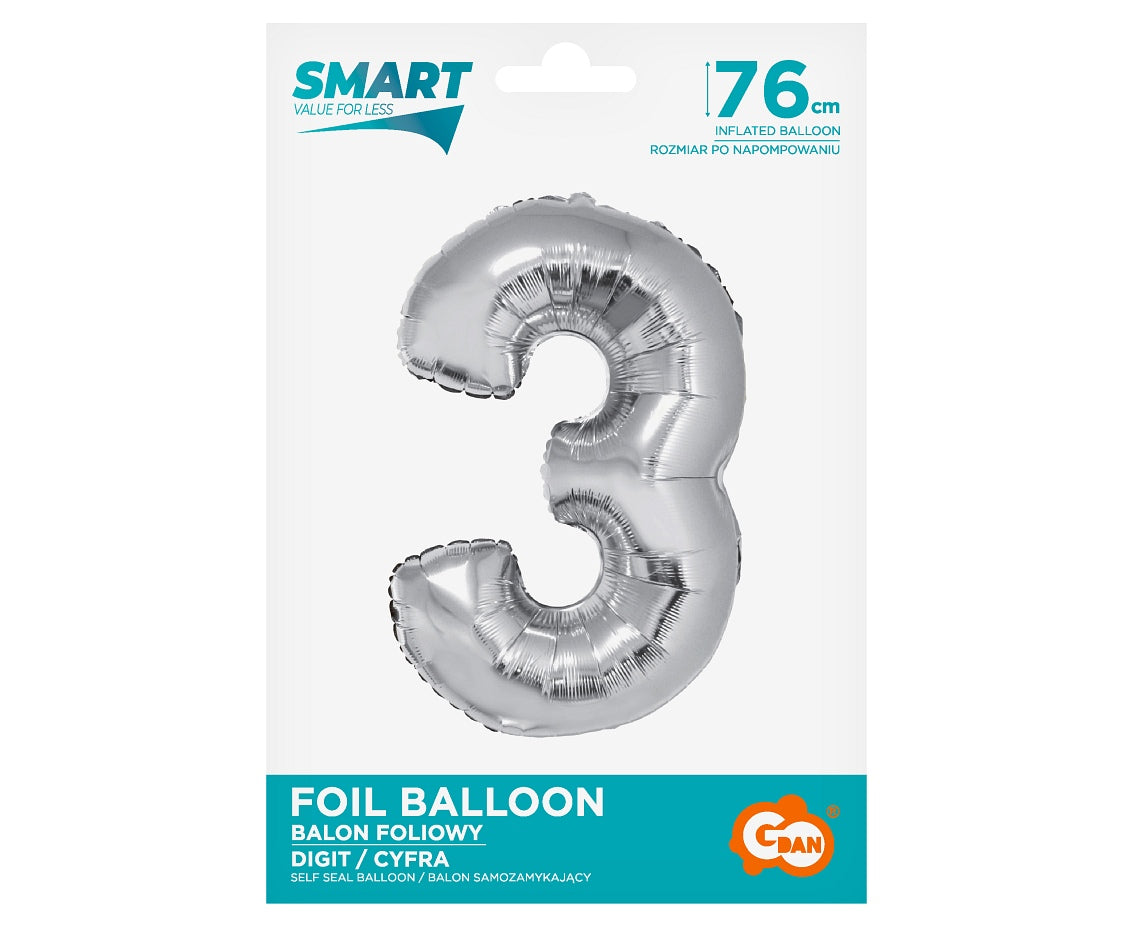 Balon foliowy Cyfra 3, Srebrna, SMART, 76 cm