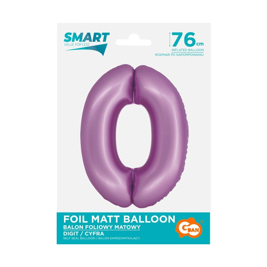 Balon foliowy Cyfra 0, lawendowa matowa, Smart, 76 cm