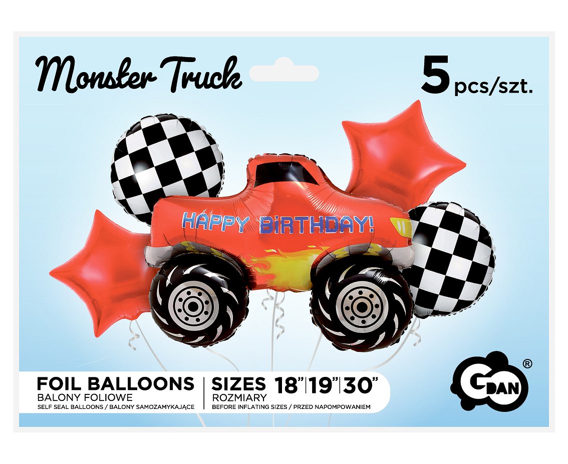 Balony foliowe - zestaw Monster Truck, Happy Birthday, 5 szt.
