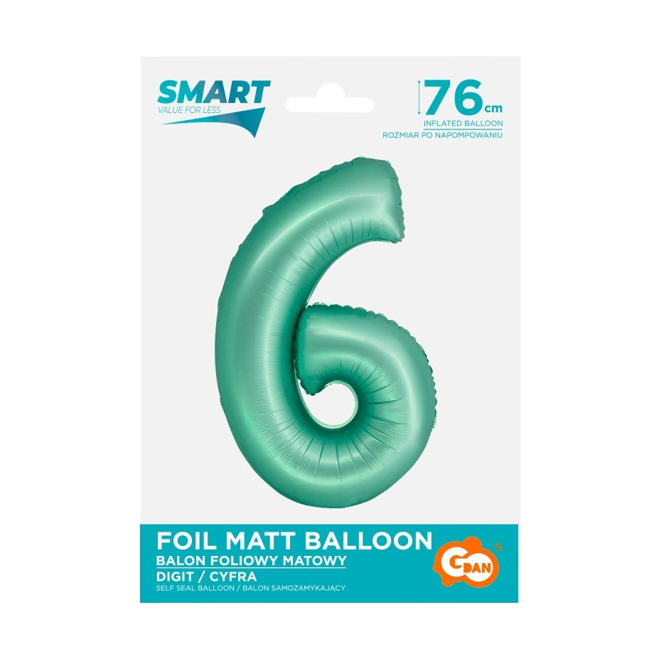 Balon foliowy Cyfra 6, miętowa matowa, Smart, 76 cm