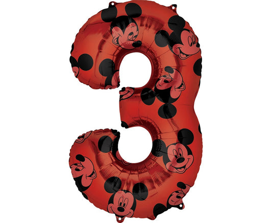 Balon foliowy cyfra 3 Myszka Mickey, czerwony, 66 cm