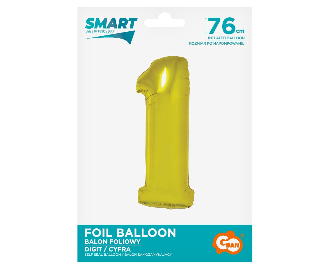 Balon foliowy Cyfra 1, Złota, SMART, 76 cm