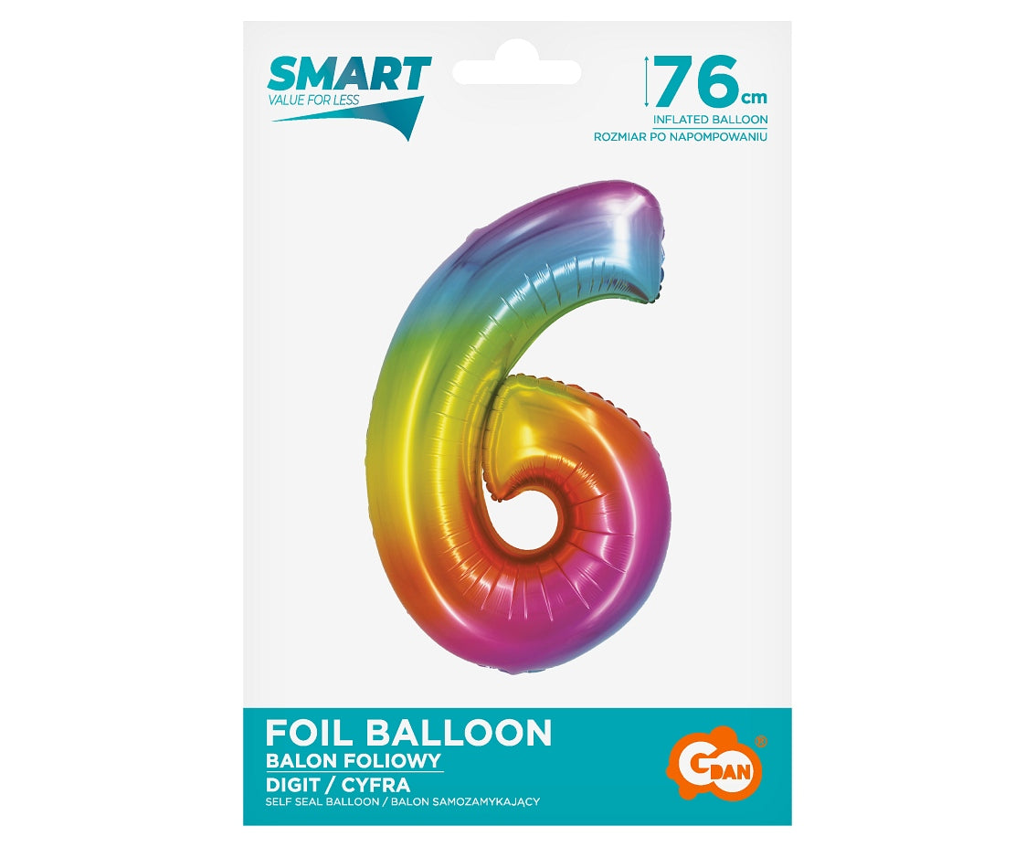 Balon foliowy Cyfra 6, tęczowa, SMART, 76 cm